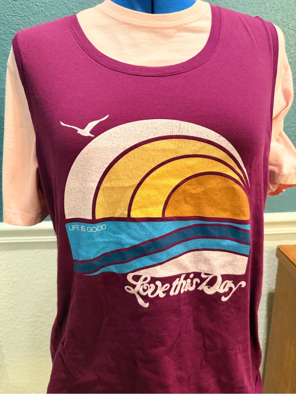 Life Is Good Women's Magenta and Peach Tank Top with Sunset Graphic